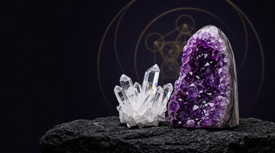 Raw Uruguayan Amethyst Geode and Clear Quartz Cluster on Volcanic Stone